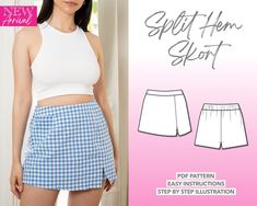 an image of a woman wearing shorts with the words split hem skort on it