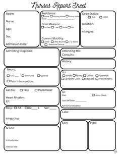 the printable nurse report sheet is shown in black and white, with text on it