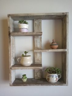 three wooden shelves with plants and vases on them