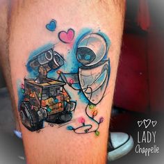 Disney Watercolour, Walle And Eve, Disney Watercolor Tattoo, Disney Couple Tattoos, Eve Tattoo, Moana Tattoos, Walle Y Eva, Eve Wall, Matching Tattoos For Couples