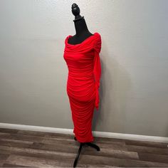 Off The Shoulder, Red, Midi, Long Sleeve Dress. Red Stretch Ruched Midi Dress, Red Ruched Knee-length Midi Dress, Red Knee-length Ruched Midi Dress, Red Ruched Midi Dress For Date Night, Red Ruched Midi Dress For Cocktail, Fitted Red Midi Dress, Midi Long Sleeve Dress, Red Midi, Shein Dress