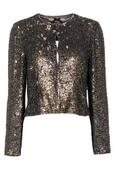 Current Boutique-Jigsaw - Golden Sequined Crop Jacket Sz S Metallic Outerwear For Winter Party, Metallic Winter Party Outerwear, Metallic Outerwear For Party In Winter, Metallic Sequined Outerwear For Party, Metallic Sequin Party Outerwear, Metallic Sequined Party Outerwear, Metallic Outerwear For Fall Party, Glamorous Embellished Outerwear For Holiday, Glamorous Holiday Embellished Outerwear