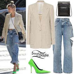 Acne Studio Jana Linen Blazer ($745.00), Maison Margiela Cut-Out Detail Jeans (Sold Out), an Explorer Pouch Strap Bag ($695.00) and Knife Pumps ($950.00) both by Balenciaga. Margiela Jeans, Cut Out Jeans, Cropped White Tee, Gala Outfit, Blue Striped Blouse, Acne Studio, Tommy Hilfiger Dress, Celeb Style