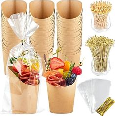 there are many different types of food in the vases and on each one is wrapped with plastic