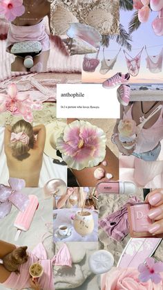 a collage of pink and white images with flowers