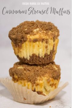 two cupcakes stacked on top of each other with the words cinnamon streusel muffins above them