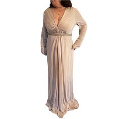 Jersey Dress With Sequin Belt B35 Beige V-neck Evening Dress For Formal Occasions, Beige V-neck Maxi Dress For Cocktail, Beige Long Sleeve Evening Dress, Elegant Empire Waist Gala Dresses, Dinner Gown Maxi Length, Maxi Length Gown For Dinner, Dinner Maxi Length Gown, Beige V-neck Formal Evening Dress, Beige Long Sleeve Evening Gown