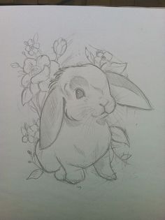 a drawing of a bunny with flowers on it