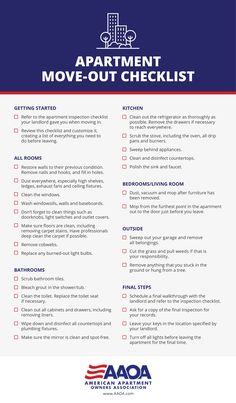 the apartment move - out checklist is shown in red, white and blue colors