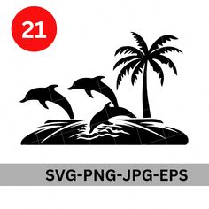 two dolphins jumping out of the water in front of palm trees and a red circle that says svg - png - jp