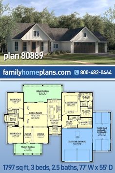 two story house plan with 3 beds, 2 baths, 7 bathrooms and an attached garage