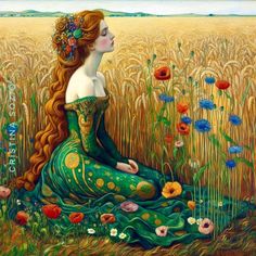 a painting of a woman in a green dress sitting on the ground surrounded by flowers