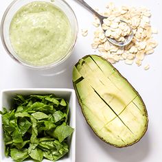 avocado, oatmeal and spinach on a cutting board