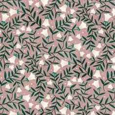 a green and white floral pattern on a pink background, with small leaves in the center