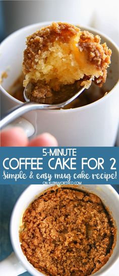 coffee cake in a mug with spoons and text overlay reading 5 - minute coffee cake for 2 simple & easy morning cake recipe