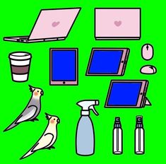 a green background with birds, laptops and other electronic gadgets on top of it