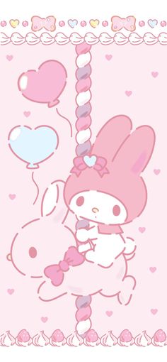 an image of a pink hello kitty with balloons in the air and hearts around it