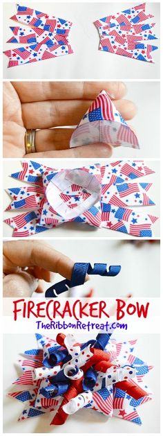 the instructions for how to make an american flag fire cracker bow with paper stars