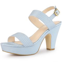 These playful, modern platform sandals feature a square buckle at the ankle strap, a naturally breathable fabric upper, and a thick block heel. These sandals feature a slim silhouette with an open round toe for elegance with every step. Details: Platform Sandals; Buckle Closure; Plaid Printing; Block Heeled; Vamp: Plaid Fabric; Outsole: Rubber+PU; Heel: PU; Heel Height: 3.9 inches; Platform Height: 1.2 inches. Summer Block Heel Sandals In Fabric, Summer Fabric Sandals With Block Heel, Fabric Heels With Ankle And Heel Straps, Summer Fabric Heels With Heel Strap, Spring Fabric Sandals With Heel Strap, Fabric Platform Sandals With Ankle Strap, Spring Wedge Heels With Adjustable Strap, High Heel Fabric Platform Sandals, Summer High Heels With Adjustable Strap