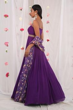 Shop for Esha Koul Purple Georgette Draped Anarkali With Printed Dupatta for Women Online at Aza Fashions Purple Anarkali, Anarkali With Dupatta, Printed Dupatta, Ruched Bodice, Floral Motifs, Purple Floral, Anarkali, Aza Fashion, Floral Motif