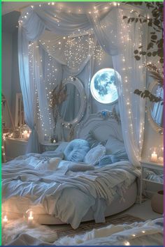 a white bed sitting under a window next to a night light filled wall mounted mirror