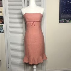 This Vintage Gently Worn Strapless Tweed Dress By Laundry By Shelli Segal Is Perfect For Spring! This Classic Strapless Dress Features Shimmery Pink Tweed Fabric With Boning In Bust, Dark Pink Velvet Empire Waist Ribbon With Bow, And Knee-Length Pencil Skirt With Adorable Ruffle Fishtail Finish. Comes From A Smoke-Free/Pet-Free Home. Bust: 16 Inches Waist: 14 Inches Hip: 17.5 Inches Sleeveless Fitted Tweed Cocktail Dress, Fitted Sleeveless Tweed Cocktail Dress, Fitted Tweed Summer Dress, Fitted Tweed Dress For Spring Cocktail, Spring Cocktail Fitted Tweed Dress, Fitted Tweed Cocktail Dress For Spring, Fitted Sleeveless Tweed Summer Dress, Summer Fitted Knee-length Tweed Dress, Fitted Knee-length Tweed Dress For Summer