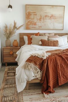 a bed with orange and white pillows in a bedroom next to a painting on the wall