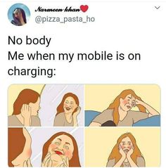 a woman with red hair talking on her cell phone, and the caption says no body me when my mobile is on charging