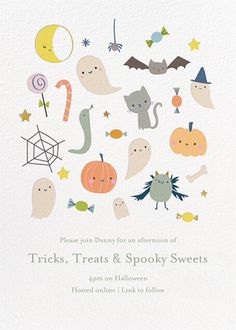 a white card with an illustrated image of halloween characters and words on the front of it