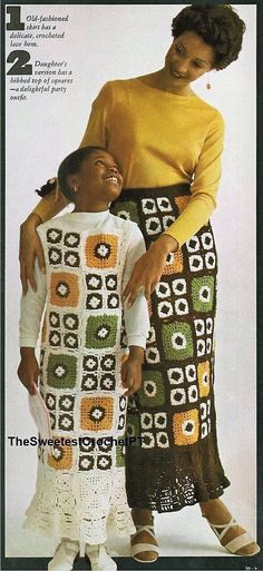 an advertisement for the crochet pattern book shows two women in matching outfits, one with