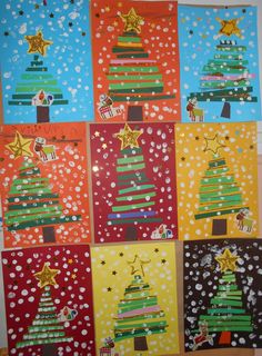 six christmas cards with different colors and designs on them, all decorated in the same style