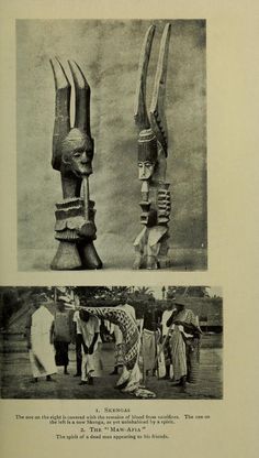 an old book with two pictures of people standing next to each other in front of a statue