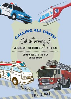 an image of a flyer for a fire and rescue event with cars, trucks, and helicopters