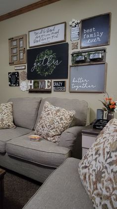 a living room filled with lots of furniture and pictures on the wall above it's couch