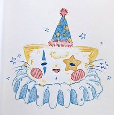 a drawing of a cat wearing a party hat on top of a cake with stars