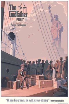 an old poster shows the statue of liberty on top of a boat with people standing around it