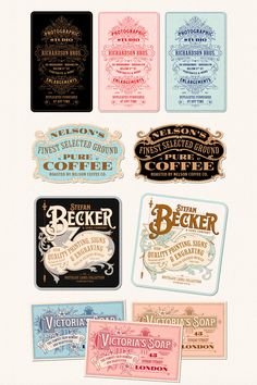 six different types of business cards are shown in this graphic design style, including one for coffee and the other for beverage