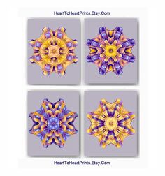 four square pictures with different colored designs on the same wallpaper, each depicting an abstract flower