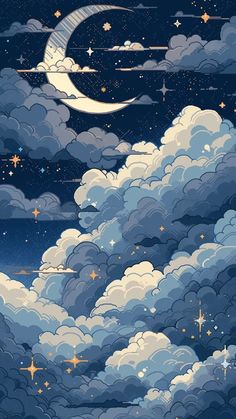 the night sky is full of stars and clouds, as well as a crescent moon