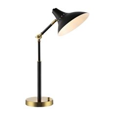 a black and gold desk lamp on a white background