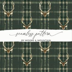 a plaid pattern with deer heads and antlers in the middle, on a dark green background