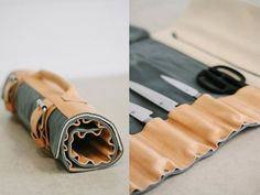 two pictures showing the inside and outside of a leather case, with scissors in it