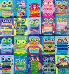 an art project with many colorful owls on it