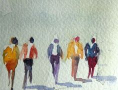 watercolor painting of people walking down the street