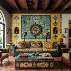 Inviting Mediterranean living room showcasing the use of tiled backsplashes and accent walls for added visual interest and charm