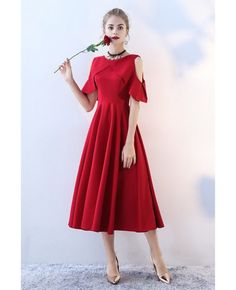 Shop Elegant Burgundy Tea Length Party Dress with Sleeves online. All instock with free shipping. Pro since 2009. Party Dress Simple, Party Dress With Sleeves, Party Dresses With Sleeves, Cheap Dresses Casual, Gaun Fashion, Dress With Sleeves, Dress Simple, Red Prom, One Piece Outfit