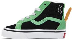 High-top paneled suede and canvas sneakers in black and green. · Lace-up closure · Textile logo patch and pull-loop at tongue · Quilted padded collar · Zip closure and graphic printed at outer side · Grained leather signature stripe at sides · Graphic appliqué at heel counter · Terrycloth lining · Treaded rubber sole Supplier color: Green/Black Vans US size: child's foot length 4.5: 4.5 / 11.4 cm 5: 4.75 / 11.8 cm 5.5: 4.75 / 12.3 cm 6: 5 / 12.6 cm 6.5: 5 / 13 cm 7: 5.25 / 13.5 cm 7.5: 5.5 / 13. Green High-top Skate Shoes With Rubber Sole, Green High-top Skate Shoes For Sports, Green High-top Sneakers With Logo Patch, High-top Skate Shoes With Logo Patch, Green High-top Skateboarding Sneakers, Casual Green High-top Sneakers With Logo Patch, Green Mid-top Skate Shoes With Rubber Sole, Black Sporty High-top Sneakers With Logo Patch, High-top Sneakers With Logo Patch For Sports