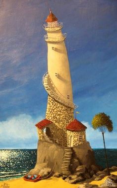 a painting of a lighthouse on top of a rock near the ocean with a boat in the water