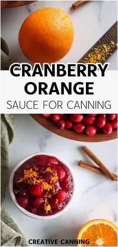 cranberry orange sauce in a white bowl next to an orange