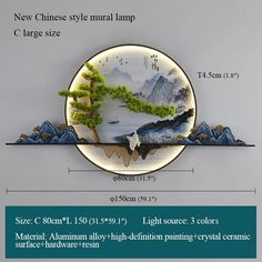 an advertisement for the new chinese style wall lamp with mountains and trees on it,